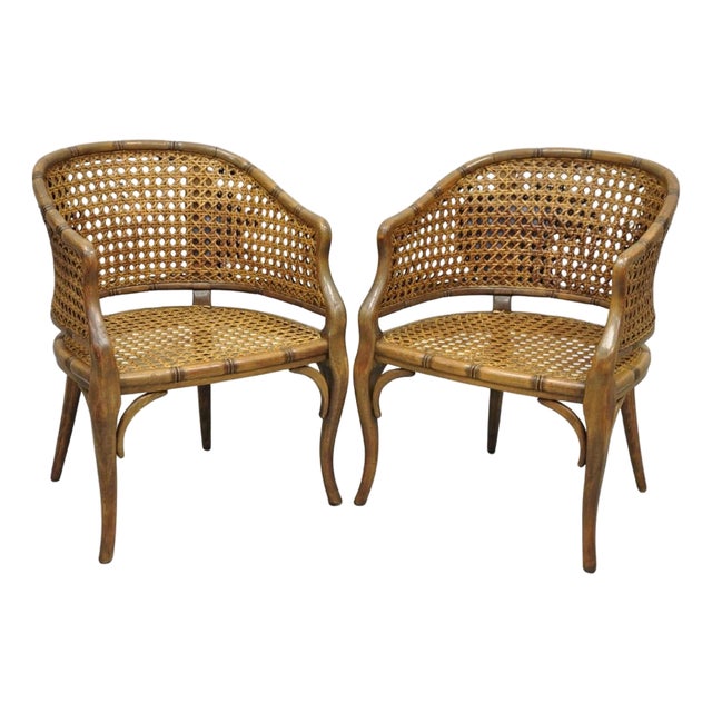 Vintage Hollywood Regency Faux Bamboo Wood & Cane Barrel Back Lounge Chair, Pair For Sale