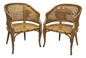 Vintage Hollywood Regency Faux Bamboo Wood & Cane Barrel Back Lounge Chair, Pair