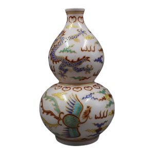 Chinese Vintage Ceramic Vase,Ming Dynasty Chenghua Marked Famille Verte Porcelain Gourd Vase Hand Painted Dragon and Phoenix Pattern