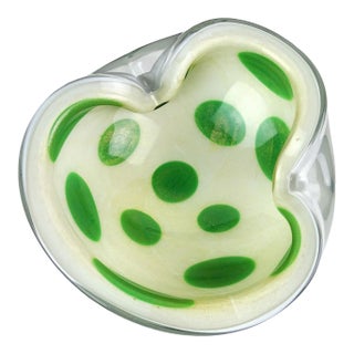 Vintage Murano Barbini Gold Flecks Green Spots White Italian Art Glass Folded Rim Ashtray Bowl Dish For Sale