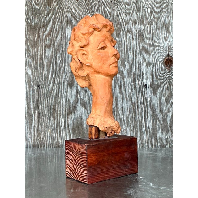Late 20th Century Vintage Boho Original Terracotta Bust of Woman For Sale - Image 5 of 11
