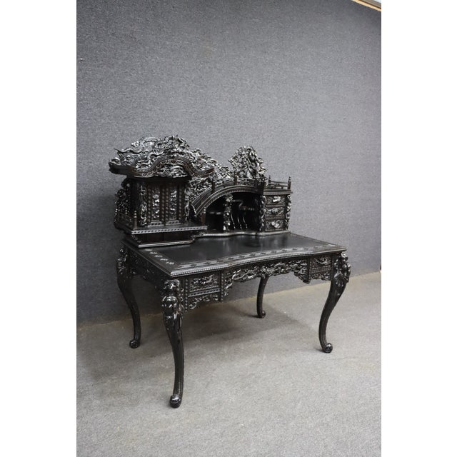 Late 20th Century Highly Carved Chinese Dragon Black Lacquer Writing Desk / Secretary Desk For Sale - Image 5 of 15