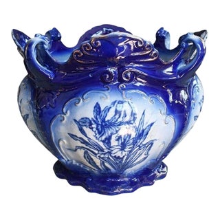 Large Flow Blue Ceramic Staffordshire Planter With Floral Motif 19th Century For Sale