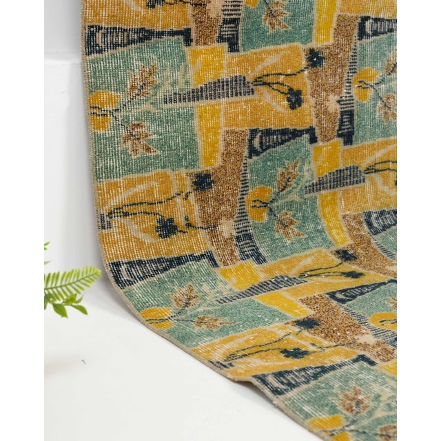 1970s 1970s Vintage Turkish Handmade Wool Cotton Green Yellow Runner Rug For Sale - Image 5 of 11