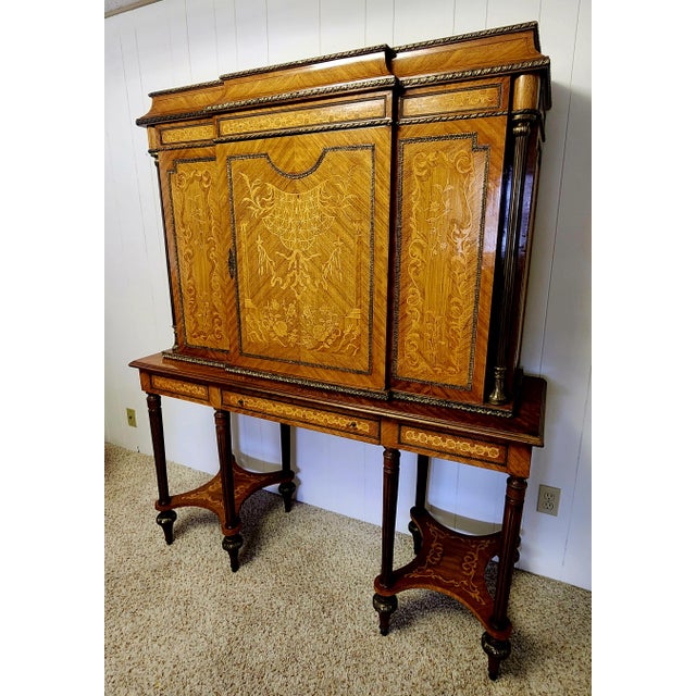 magnificent cabinet on stand, early 19th century French, detailed marquetry on every panel, ornate ormolu on every edge...