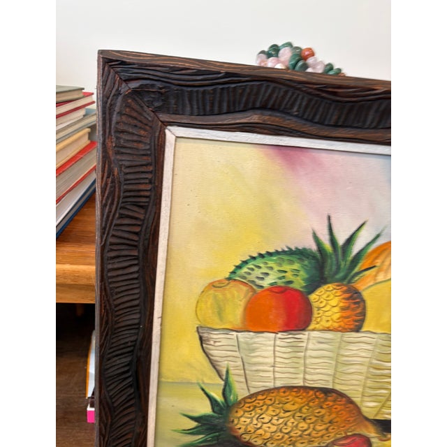 Wood Vintage Original & Signed Tropical Fruit Still Life Oil Painting in Hand Carved Wood Frame For Sale - Image 7 of 14