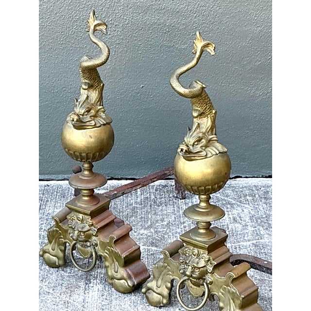 Vintage Brass Koi Andirons - A Pair For Sale - Image 4 of 12