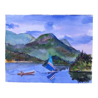 1970’s Original Vintage Lake George Rowing/Sailing 11Watercolor Painting For Sale