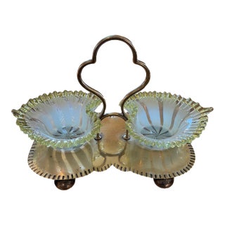 Late 19th Century Heart Vaseline Glass Bowls in Silver Plated Tray. Victorian Brides Basket For Sale