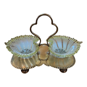 Late 19th Century Heart Vaseline Glass Bowls in Silver Plated Tray. Victorian Brides Basket