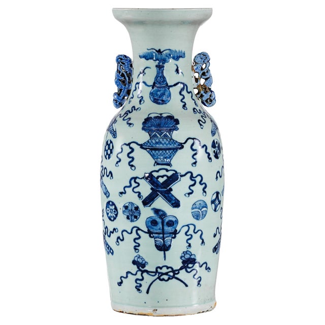 Blue and White Chinese Altar Vase with Light Celadon Tint For Sale - Image 14 of 18