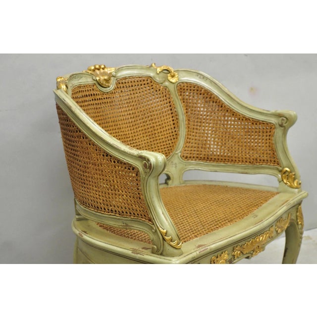 Vintage French Louis XV Style Green Painted Gold Gilt Cane Bergere Arm Chair For Sale - Image 12 of 17