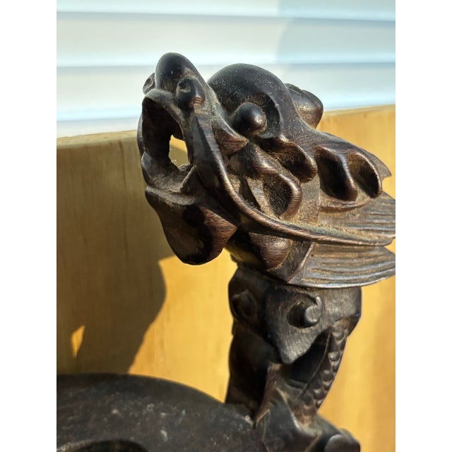 Antique Carved Wood Scabbard Footed Sword Holder With Dragon Beasts, Antique Carved Dragons Wood Pocket Watch Holder For Sale - Image 11 of 12