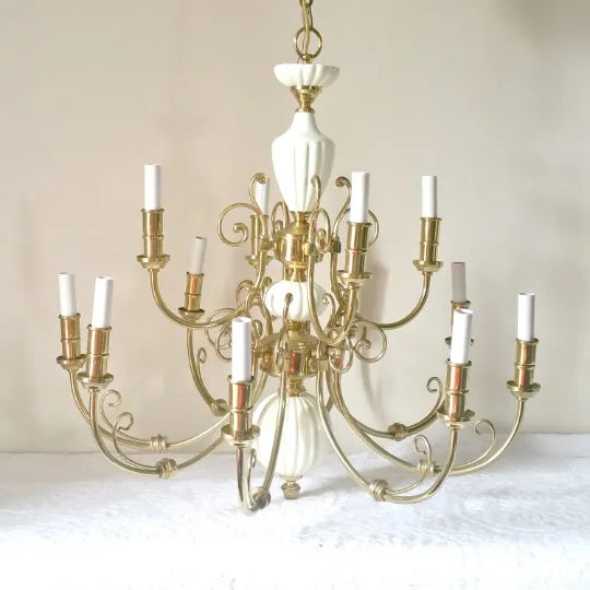 Beautiful 12-light chandelier. This is a ceramic and brass chandelier in Hollywood Regency/Rococo style. It features...