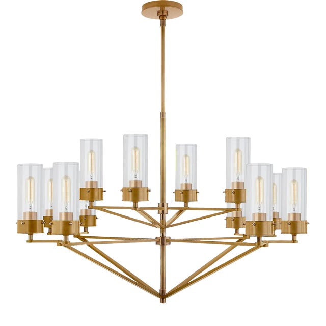 Thomas O'Brien for Visual Comfort Signature Marais Large Chandelier in Hand-Rubbed Antique Brass with Clear Glass For Sale