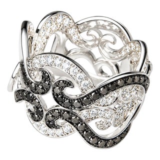 14K White Gold Black and White Diamond Scroll Designer Ring Band For Sale