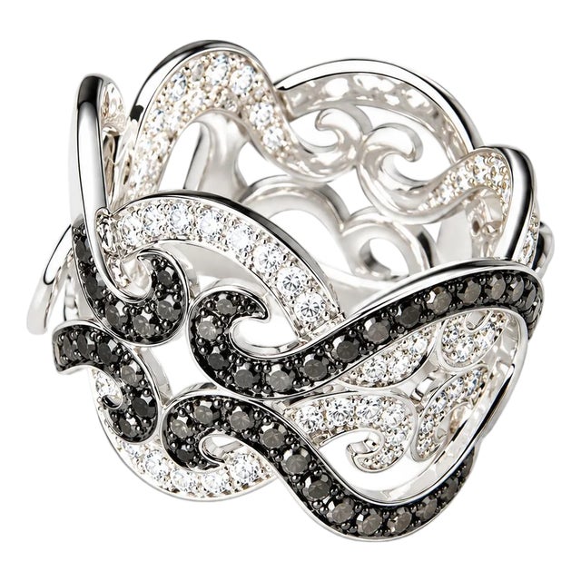 14K White Gold Black and White Diamond Scroll Designer Ring Band For Sale