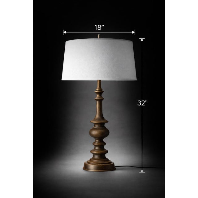 Heavy Cast Metal Table Lamp in Antique Bronze Finish with Linen Drum Shade – 32” Tall, 3-Way Switch --- Mobile-Ready...