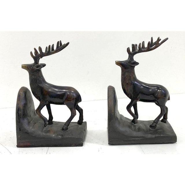 Bookend Pair – Midwest of Cannon Falls Cast Metal Lodge-Style Stag Deer 1970s For Sale - Image 11 of 14
