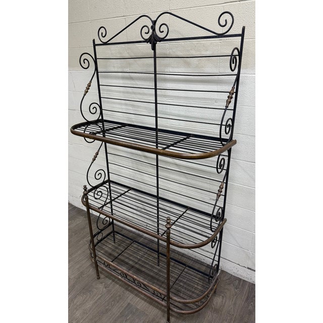 French Country Vintage French Country or Mediterranean Style Wrought Iron Brass Baker’s Rack For Sale - Image 3 of 15