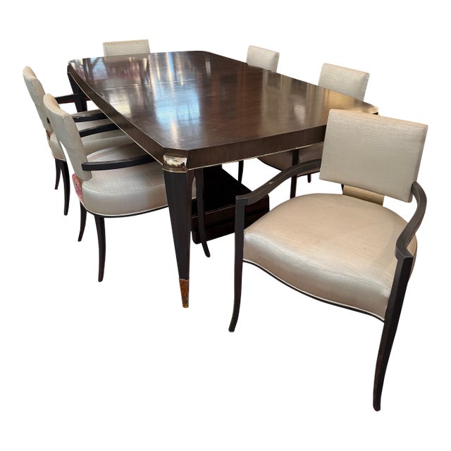 Vintage Contemporary Finished Dining Table & Set of 6 Matching Armchairs For Sale