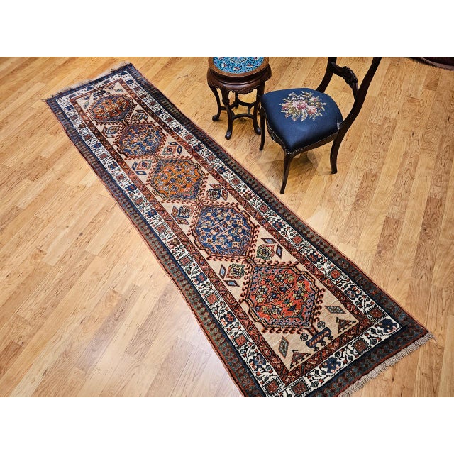 Persian Vintage Persian Serab Runner, Hand-Knotted Wool, Geometric Medallion Pattern, Ivory & Blue, 3x11 For Sale - Image 3 of 14