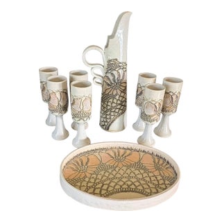 1990s Jana Kozon Kausalik 9 Piece Wheel Tossed Glazed Pottery Drink Set For Sale