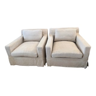 Restoration Hardware Belgian Linen Shelter Arm Chairs, Pair For Sale