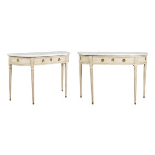Pair of French 19th Century Neoclassical Style Demilune Tables with Marble Tops For Sale