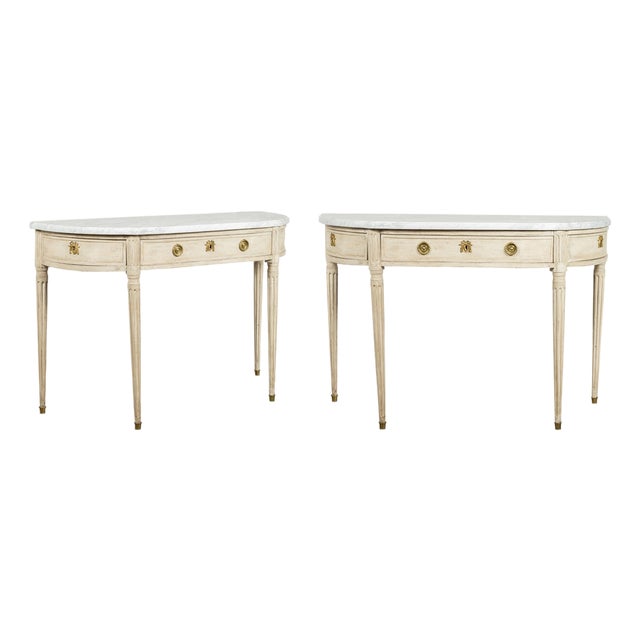 Pair of French 19th Century Neoclassical Style Demilune Tables with Marble Tops For Sale
