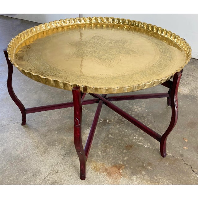 Vintage Scalloped Brass Tray Table With Collapsible Wood Base For Sale In Kansas City - Image 6 of 12