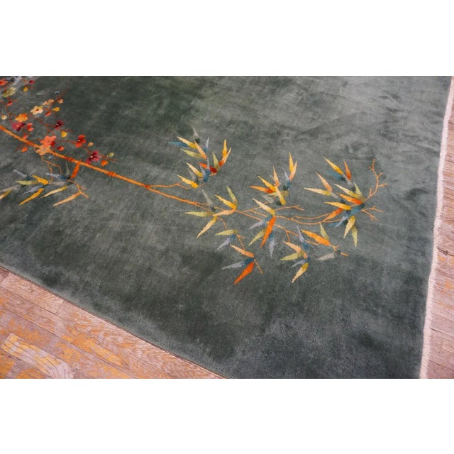 1930s Green Bamboo Floral Antique Chinese Art Deco Rug 8' 9'' X 11' 0'' Handknotted Wool Carpet For Sale In New York - Image 6 of 12