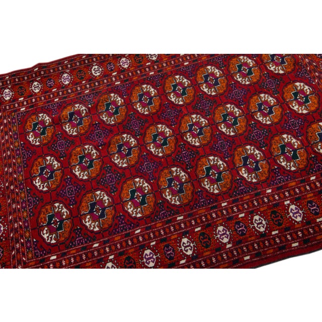 1960s Vintage Persian Turkman Red Handmade All-Over Medallion Wool Rug For Sale In New York - Image 6 of 7