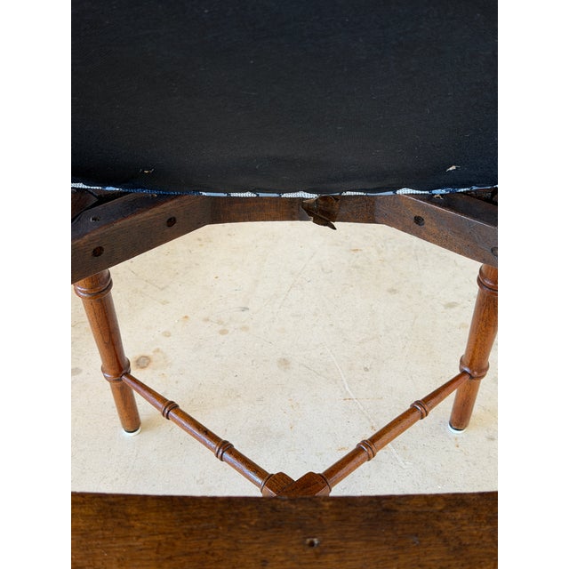 Vintage Chinoiserie Drexel Heritage Faux Bamboo Walnut Spindle Arm Chair Newly Upholstered For Sale - Image 10 of 12