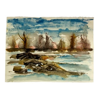 1980’s Original Abstract River With Rocks & Trees Double Sided Watercolor Painting Signed For Sale