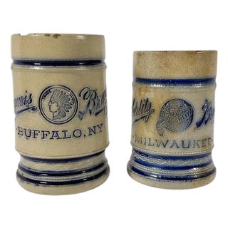 19th Century Whites Utica Salt Glazed Stoneware Beer Mugs Advertising Schlitz & Iroquois Brewing Companies For Sale