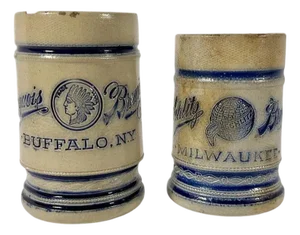 19th Century Whites Utica Salt Glazed Stoneware Beer Mugs Advertising Schlitz & Iroquois Brewing Companies