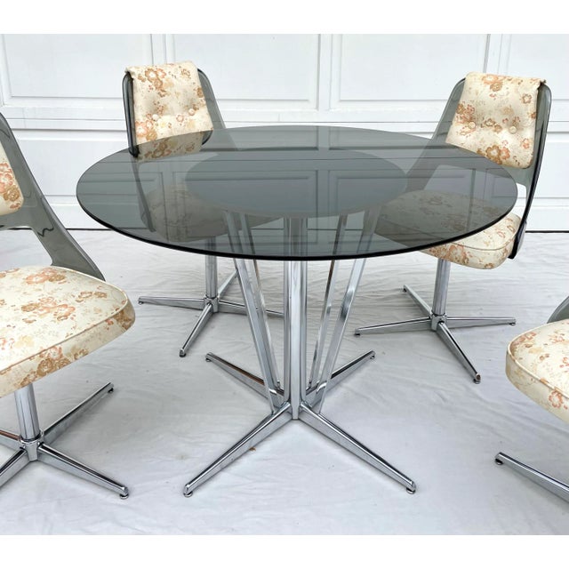 Metal MCM Smoky Glass, Lucite and Chrome Dining Table Set For Sale - Image 7 of 13
