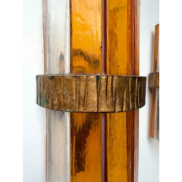 Mid-Century Modern 1970s Amber Glass Hammered Wrought Iron Sconces by Longobard - a Pair For Sale - Image 3 of 11