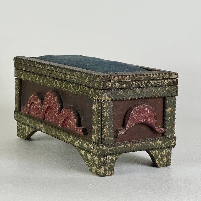 Wood Vintage Painted Tramp / Folk Art Sewing Box With Large Pincushion Top & Red Heart Carving For Sale - Image 7 of 18