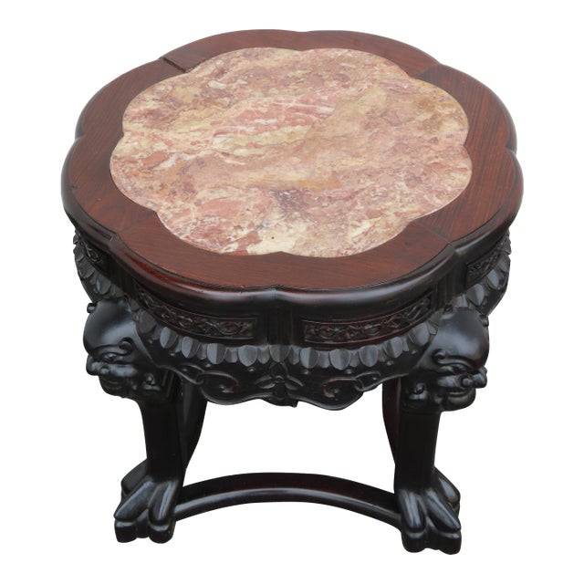 Early 1900s Oriental Heavy Carved Flower Statue Stand Side Table 6338 For Sale