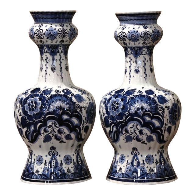 Pair Of Vintage Dutch Hand Painted Blue And White Faience Delft
