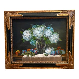 Vintage Hydrangeas and Fruit Still Life Oil on Canvas For Sale