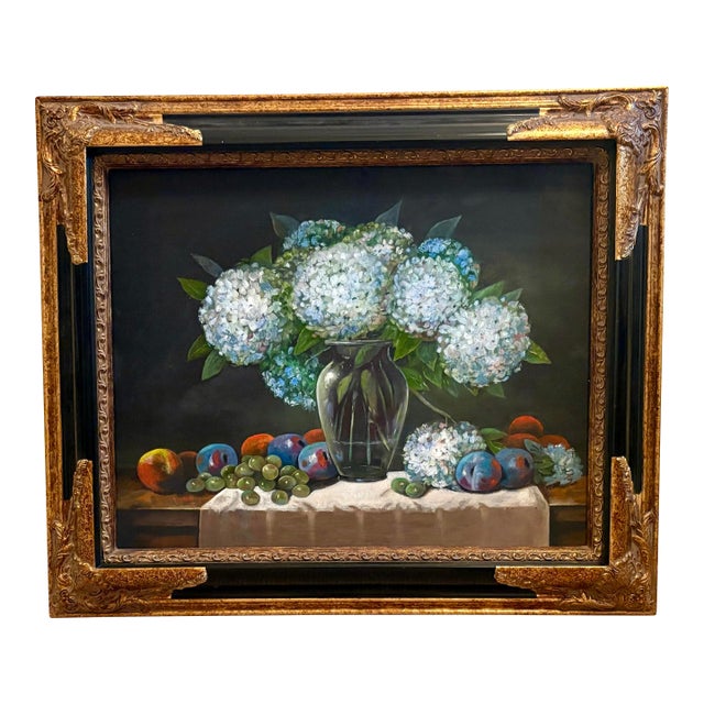 Vintage Hydrangeas and Fruit Still Life Oil on Canvas For Sale