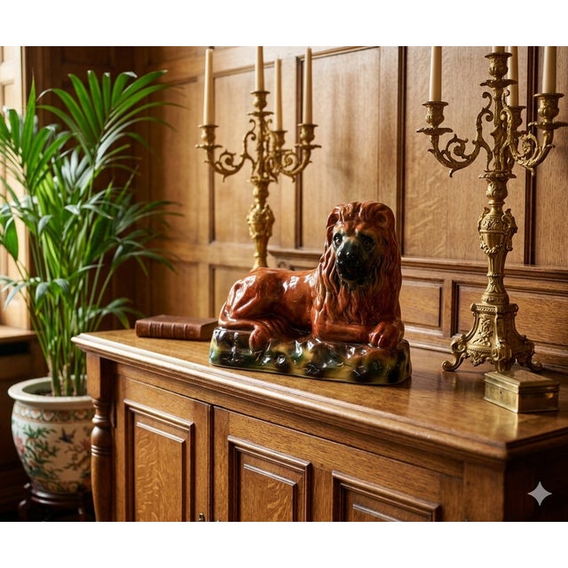 Large 19th-Century English Victorian Staffordshire recumbent lion with glass eyes. This antique statement size statue is...