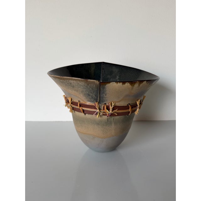 1980s Vintage Organic Studio Art Ceramic Vase With Natural Fiber Detail For Sale - Image 12 of 12