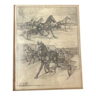 Antique Original Pencil Drawing Horse Harness Track Racing Realism Evt Sketch For Sale