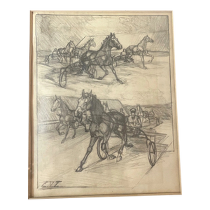 Antique Original Pencil Drawing Horse Harness Track Racing Realism Evt Sketch