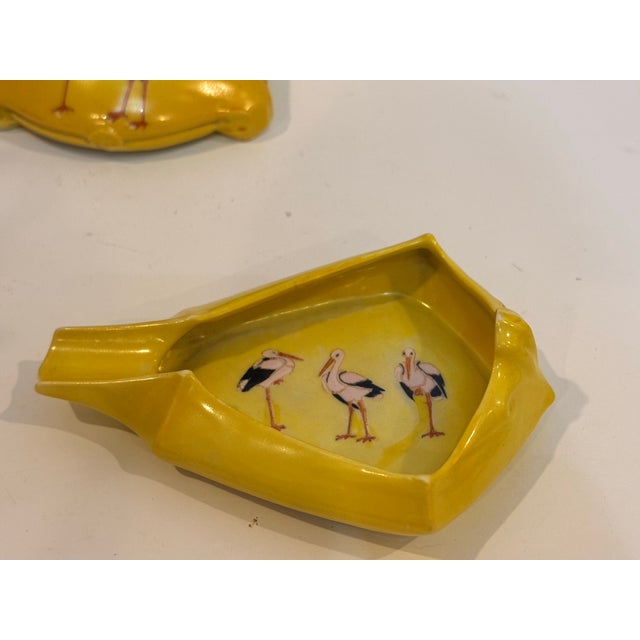 Antique Royal Bayreuth Bavarian Yellow Porcelain Stork Candlestick & Trinket Dish/Ashtray Set - 2 Pieces For Sale - Image 4 of 12