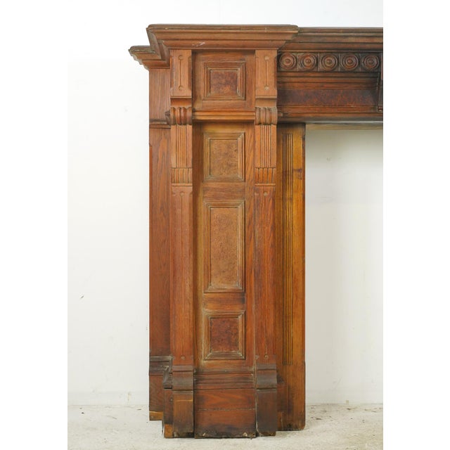 Victorian Antique Victorian Burl Veneer Paneled Oak Fireplace Mantel For Sale - Image 3 of 16